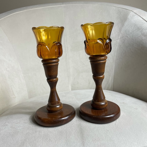 Vintage 1970’s Amber Glass Wood Candlesticks Retro